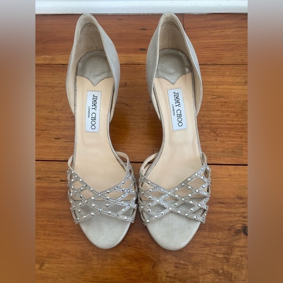 Vintage Jimmy Choo Silver low heel beaded strap sandal heels Rare, size 40
